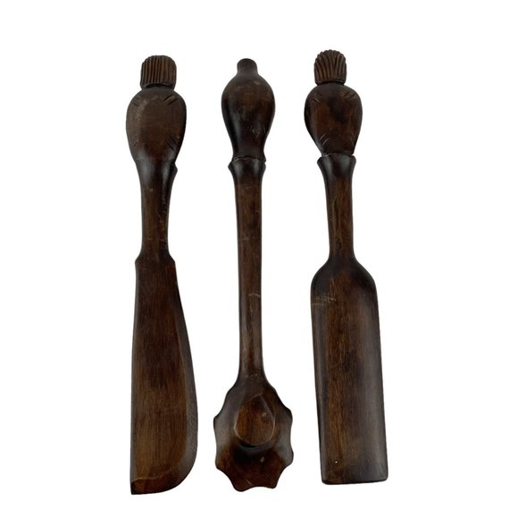 Vintage MCM Carved Wood Spoon Utensil Wall Decor Brown African Art 14 Inch - Picture 2 of 8